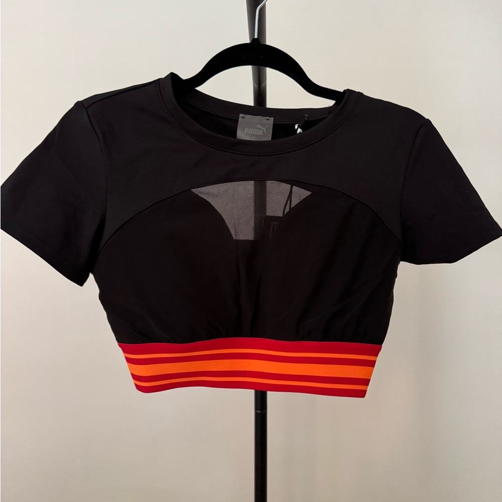 Puma Black Sports Bra with Red and Orange Stripes
